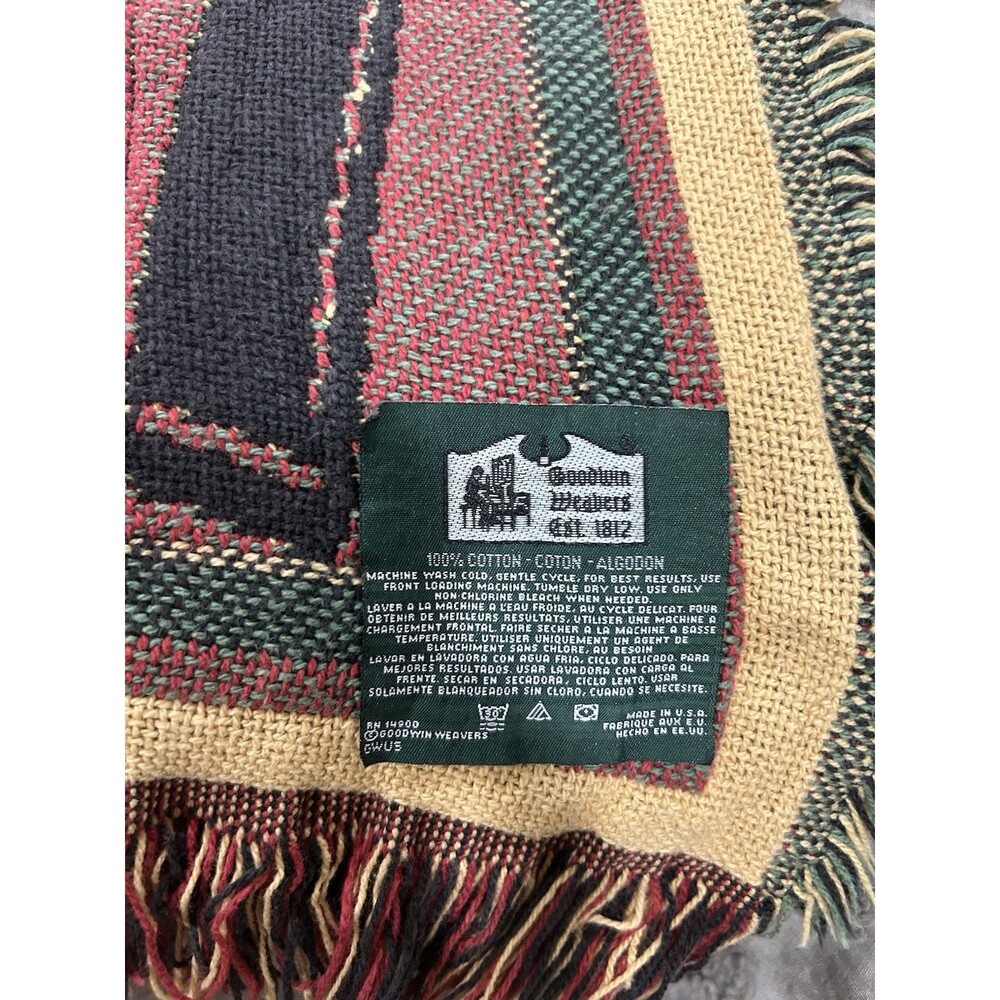 VTG Goodwin Weavers Cotton Tapestry Fringe Blanket Library Book Shelf 68”x49” - Picture 8 of 11